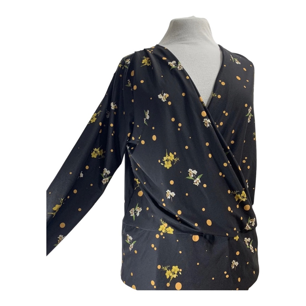 Dorothy Perkins Floral Blouse Top Long Sleeves Black Wrap Front Stretch UK 12 - Picture 5 of 15